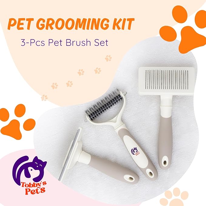 Pet Grooming Kit – 3-Pcs Pet Brush Set with Dematting Tool, Deshedding Brush, Self-Cleaning Slicker Brush – Professional Dog Brushes for Grooming Long-Haired Dogs and Cats