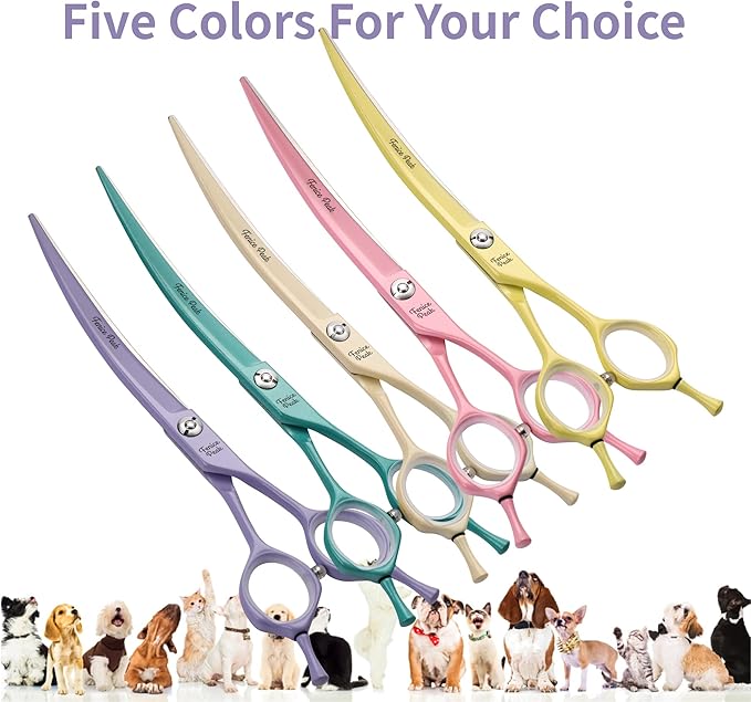 Fenice Peak Curved Dog Grooming Scissors with Pink Color Coating 440C Stainless Steel Pet Grooming Bending Shears Sharp and Durable Comfortable Engonomic Handle