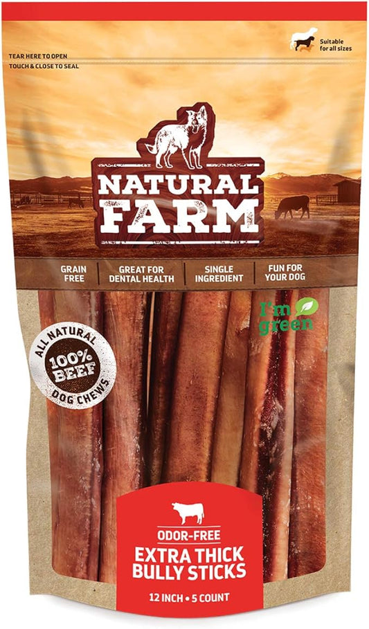 Natural Farm Odor Free Jumbo Bully Sticks (12 Inch, 5 Pack), Extra-Thick Chews for Dogs, Fully Digestible 100% Beef Treats, Supports Dental Health, Keep Your Dog Busy with 50% Longer Lasting Chews…