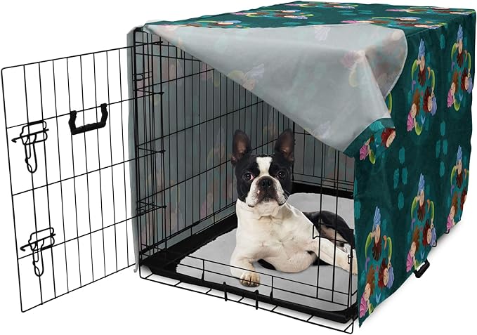 Lunarable Mermaid Dog Crate Cover, Smiling Happy Cheerful Mermaids with Seashells Scallops Exotic Waters Spirals, Easy to Use Pet Kennel Cover for Small Dogs Puppies Kittens, 22 Inch, Teal Multicolor