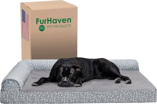 Furhaven Orthopedic Dog Bed for Large Dogs w/ Removable Bolsters & Washable Cover, For Dogs Up to 125 lbs - Plush & Almond Print L Shaped Chaise - Gray Almonds, Jumbo Plus/XXL
