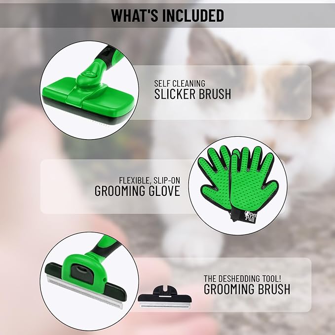 Complete Professional Pet Grooming Kit with Pet Hair Removal Tool Brush Gloves, Self Cleaning Slicker Brush, and Pro Grooming Dog Brush Deshedder Comb to Reduce Shedding (Green)