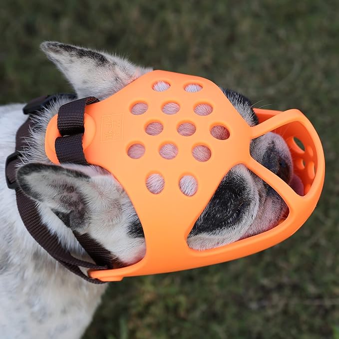 Short Snout Dog Muzzles,Soft Silicone Adjustable Breathable Bulldog Muzzle for Biting Chewing Barking Training,Ideal for Flat-Faced Dogs (L, Orange)