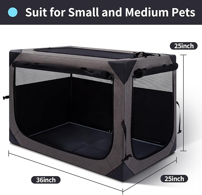 36 Inch Portable Travel Dog Crate, 3 Door Collapsible Soft Pet Kennel with Durable Mesh Windows for Medium Dogs, Foldable Dog Cage with Storage Pocket for Outdoor (Dark Grey)