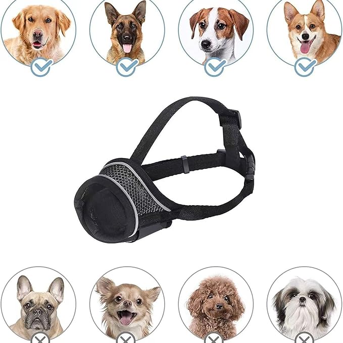 Black Dog Muzzle, Breathable Comfortable Mesh Muzzle for Dogs, Dog Training Muzzle, Anti-Biting, Anti-Barking, Anti-Chewing, Adjustable with Reflective Strap XXL