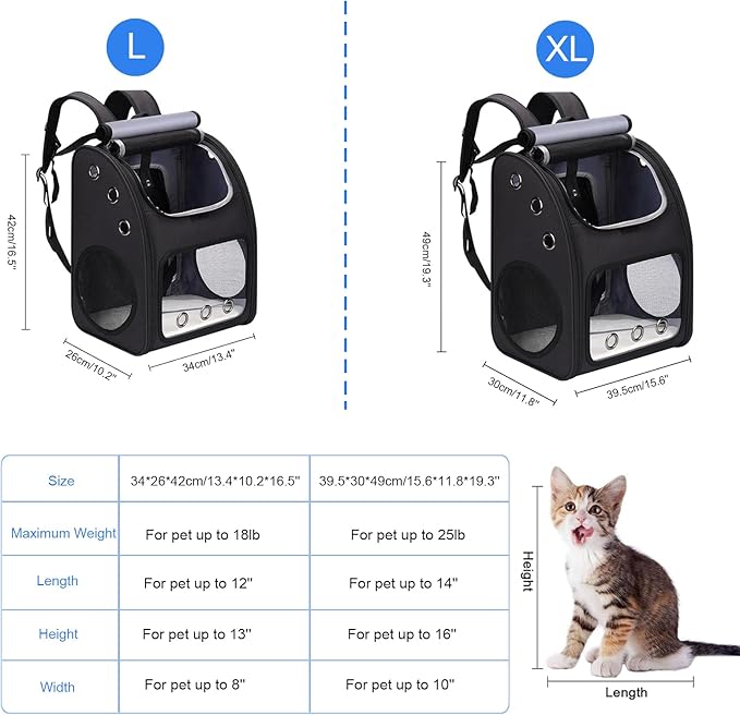 Expandable Pet Carrier Backpack for Cats, Dogs and Small Animals, Portable Pet Travel Carrier, Super Ventilated Design, Airline Approved, Ideal for Traveling/Hiking/Camping, Black, XL