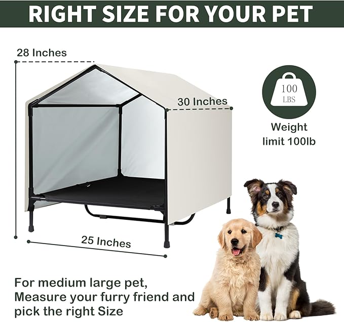 Indoor Outdoor Dog House | Elevated Dog Bed with Canopy for Medium Large Dogs, Outside Raised Dog Bed, Waterproof & Sunproof Shade Shelter Tent(30" x 25")