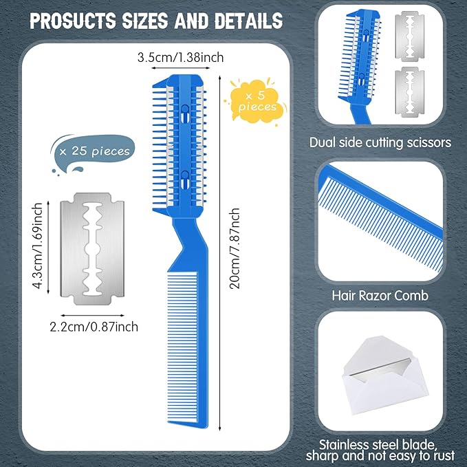 Yinkin 5 Pieces Razor Comb for Dogs Hair Grooming Trimmer for Pet Razor Comb with 25 Extra Blades Manual Dog Hair Trimmer Double Edge for Cats Hair Cutting Tool(Blue)