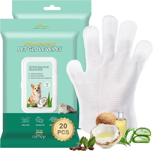 20 PCS Pet Cleaning and Deodorizing Bathing Grooming Glove Wipes for Dogs and Cats, Extra Thick Nourish Fur No-Rinse Grooming Wipes for Daily Care and Travel, Hypoallergenic