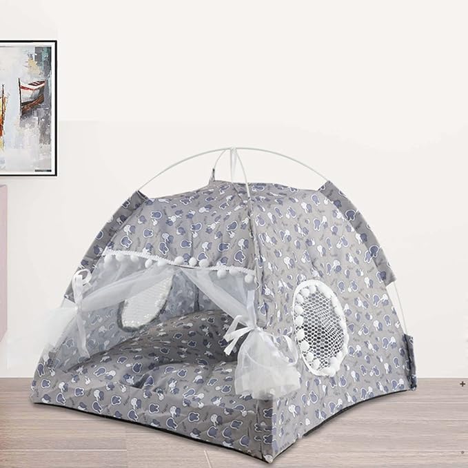 VINGVO Cute Dog Tent House, Indoor Pet Tent Washable Prevent Deformation Waterproof Bottom Detachable with Mesh Door Window for All Seasons (Gray)
