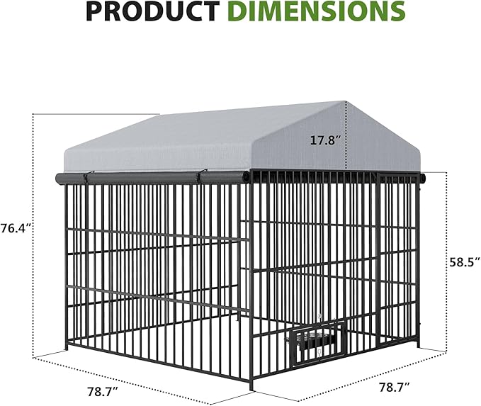 Rovibek Outdoor Dog Kennel with Roof, Dog Kennel Outside with 3 Sides Sun-Proof Cover, Large Outdoor Dog Playpen, Dog Run Enclosure with 2 Rotating Bowl for Small Medium Large Dogs