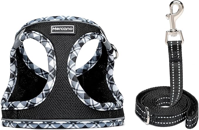 Mercano Soft Mesh Dog Harness and Leash Set, No-Chock Step-in Reflective Breathable Lightweight Easy Walk Escape Proof Vest Harnesses with Safety Buckle for Small Medium Dogs, Cats (Black White, XXS)
