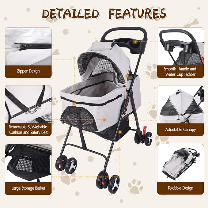 3 in 1 Dog Stroller, 4 Wheels Pet Stroller Dog Cat Stroller for Medium Small Dog Cats Up to 50lbs, Foldable Carrier Jogger Travel Puppy Stroller with Cup Holder & Breathable Mesh, Grey
