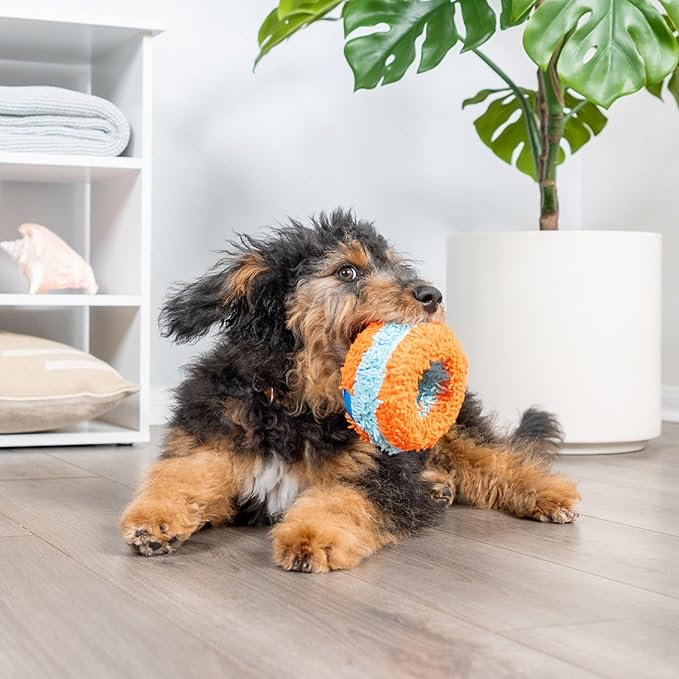 Chuckit! Indoor Fetch Roller Dog Toy - Soft Pet Toy for Dogs - Made with Durable, Lightweight, Plush Chenille Fabric - Great Alternative to Balls - 7.5-inch Diameter - Orange and Blue