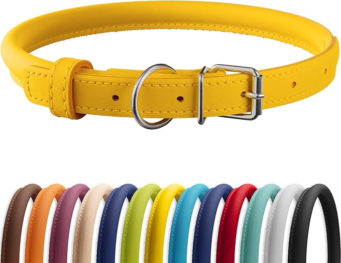CollarDirect Rolled Leather Dog Collar, Soft Padded Round Puppy Collar, Handmade Genuine Leather Collar Dog Small Large Cat Collars 13 Colors (6 Inch, Yellow Smooth)