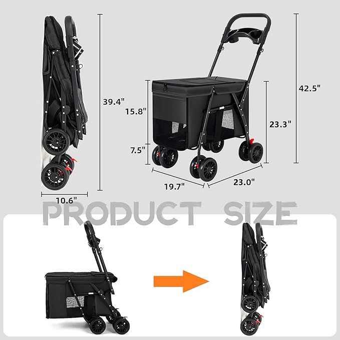 Pet Stroller,Foldable Dog Cat Cage Jogger Strolle,Extra Large 4 Wheels Carrier Jogger Travel Dog Stroller Breathable Mesh with Storage Basket and Cup Holder for Small Medium Dog Cats(Black)