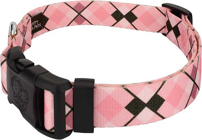 Country Brook Petz - Deluxe Pink and Brown Argyle Dog Collar - Made in The U.S.A. - Plaid and Argyle Collection Featuring Charming Designs (1/2 Inch, 2XS)