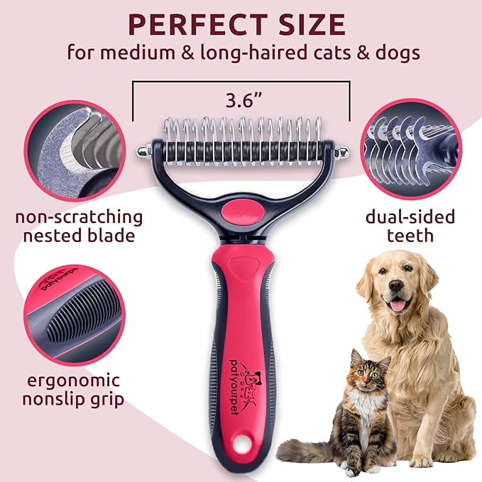 Pat Your Pet Deshedding Brush - Double-Sided Undercoat Rake for Dogs & Cats - Shedding Comb and Dematting Tool for Grooming, Extra Wide (Pink)