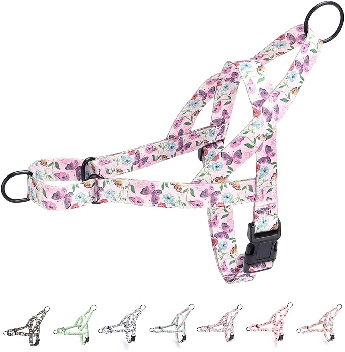 No Pull Dog Harness for Small, Medium, and Large Pets - Floral Pattern Nylon Safety Training Dog Harness (L, Hornflower)