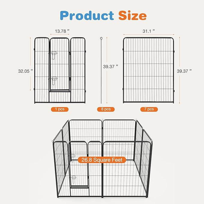 Sweetcrispy Dog Playpen Indoor - Pet Fence Exercise Pen for Yard Gate 8 Panels Foldable Puppy Playpens with Doors Metal Dog Pen for Camping, RV, Outdoor, Small/Medium/Large Pets, 40” Height