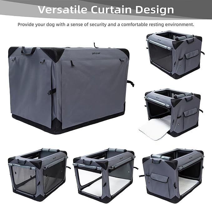 Pettycare 42 Inch Collapsible Dog Crate with Curtains Travel Dog Crate for Airflow and Calm Soft Pet Kennel with Portable Bag and More Chew Proof Mesh Indoor & Outdoor Grey 4 Door Curtains
