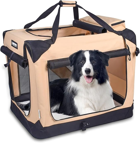 JESPET 30'' Soft Dog Crates Kennel for Pets, 3 Door Soft Sided Folding Travel Pet Carrier with Straps and Fleece Mat for Dogs, Cats, Rabbits, Grey Blue & Beige (30" L x 21" W x 23" H, Beige)