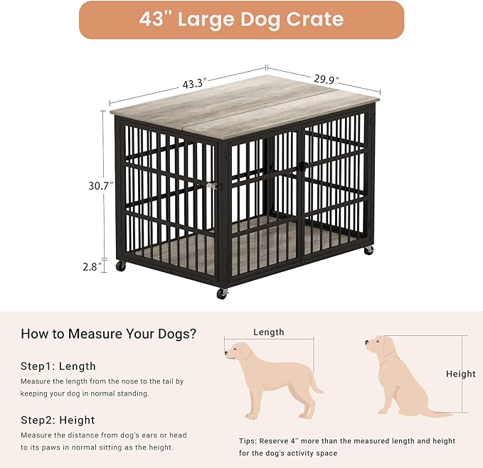 Furniture Style Dog Crate,Wrought Iron Frame with Side Openings,Wheels,Flip-Up Top,Durable and Stylish Pet Kennel for Home Use,Grey