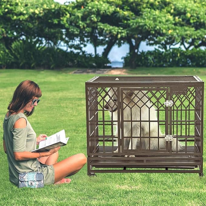 SMONTER 38in Heavy Duty Strong Metal Dog Cage Pet Kennel Crate Playpen with Wheels, Y Shape, Brown