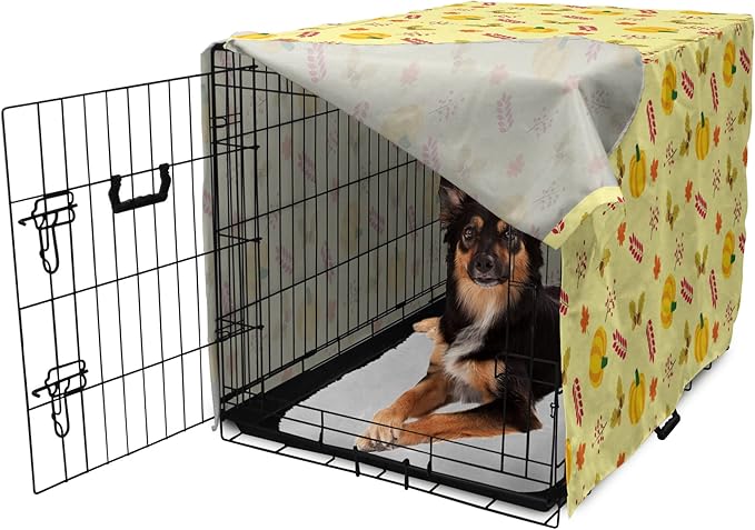 Lunarable Autumn Pumpkin Dog Crate Cover, Seasonal Image with Fall Botanical Elements Leaves and Acorns, Easy to Use Pet Kennel Cover for Medium Large Dogs, 36 Inch, Pastel Yellow Multicolor