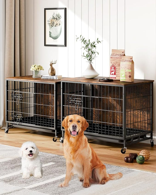 GAOMON 2024 New 27.2” Dog Crate Furniture, Heavy-Duty Wooden Large Dog Kennel with Removable Tray and Wheels, Double-Doors Dog Cage End Table, Modern Indoor Dog House for Small Dogs, Rustic Brown