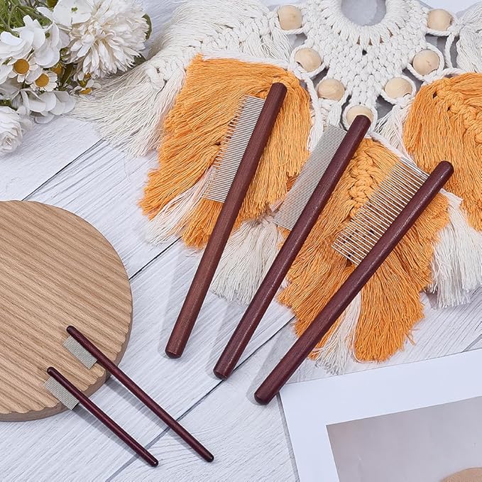 OLYCRAFT 5Pcs 5 Styles Wood Pet Combs Stainless Steel Pet Combs with Wood Handle Grooming Tool for Pets Macrame Fringe Combs Pet Grooming Supplies for Pet DIY Macrame Removing Tangles and Knots