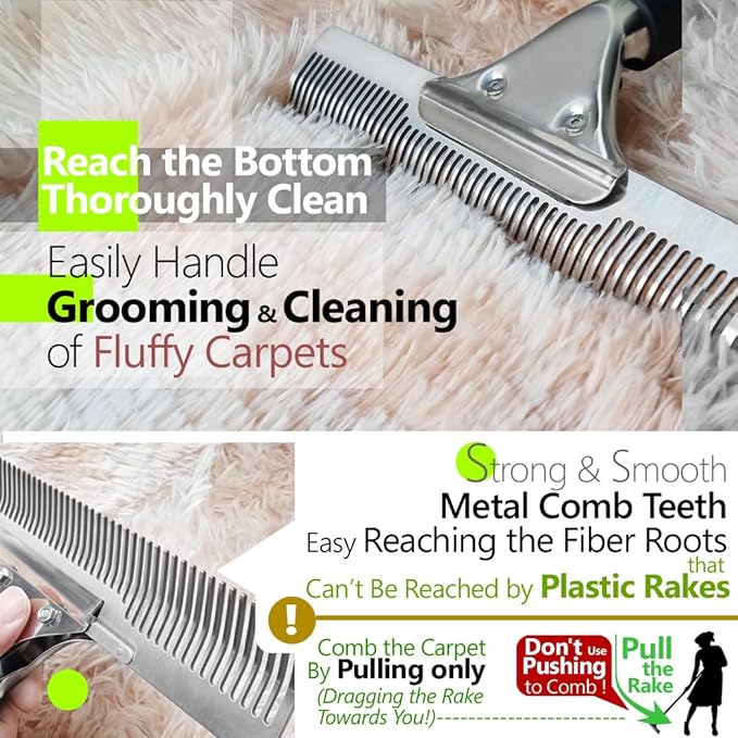 Pet Hair Carpet Rake - Multi-Surface Brush & Broom for Fluffy Rugs & Carpets - Efficient Pet Hair Removal Tool