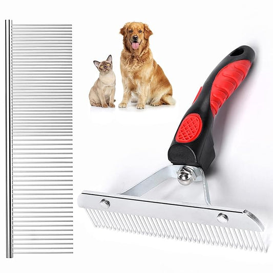 Undercoat Rake for Dogs, 2 Pack Grooming Kit Long Tooth Undercoat Rake + Stainless Steel Dog Comb, Deshedding Tool Set for Husky Long-haired Cats