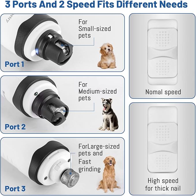 Roses&Poetry Nail Grinder with 2 LED Lighe and 3-Speed Electric Rechargeable Pet Nail Trimmer Painless Paws Grooming & Smoothing for Small Medium Large Dogs & Cats