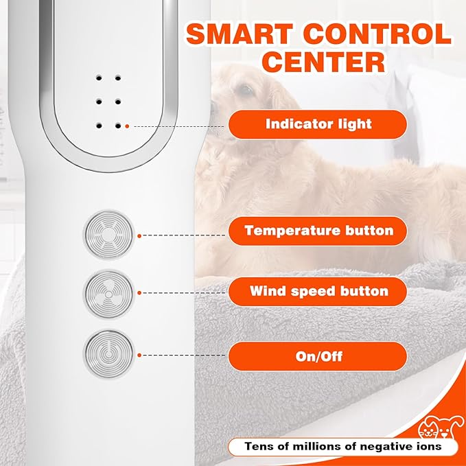 Portable Handheld Pet Grooming Hair Dryer, Dog Hair Dryer Pet Grooming Dryer Smart Temp Feature, lower noise, Adjustable 3 Temperature &3 Airflow Speed for Household Travel Camping