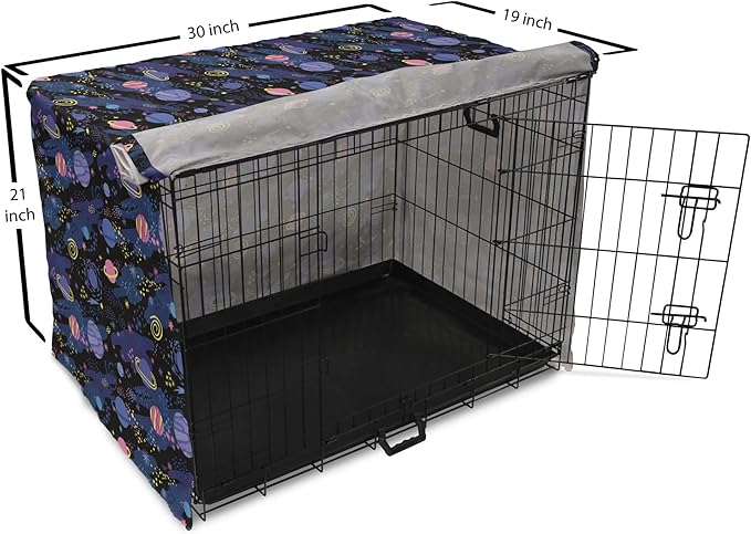 Ambesonne Galaxy Dog Crate Cover, Outer Space Planets Cosmic Journey Milky Way Zodiac Moon Doodle, Easy to Use Pet Kennel Cover for Cats & Medium Dogs, 30 Inch, Blue Pink