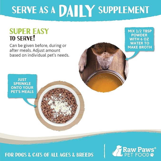 Raw Paws Beef Bone Broth for Dogs & Cats, 6-oz - Made in USA - Dog Food Topper - Bone Broth Protein Powder for Dogs - Powdered Bone Broth for Dogs - Bone Broth for Cats - Dog Gravy Topper for Dry Food