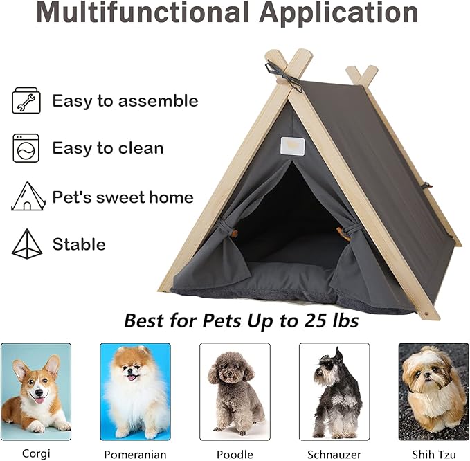 Pet Teepee Tent for Small Dogs & Cats, Portable Puppy Bed with Thick Cushion, Cat Teepee Washable Tent Dog Teepee Bed for Small Pets Up to 25lbs Indoor Outdoor