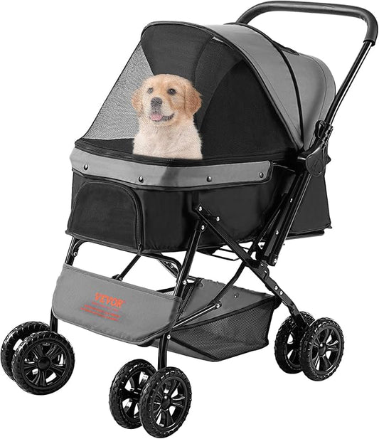 VEVOR Dog Cat Stroller for Medium Small Dogs Cats Up to 44lbs, 4 Wheel Foldable Pet Stroller with Reversible Handle, Portable Lightweigh Puppy Doggy Doggie Jogging Stroller with Storage Basket