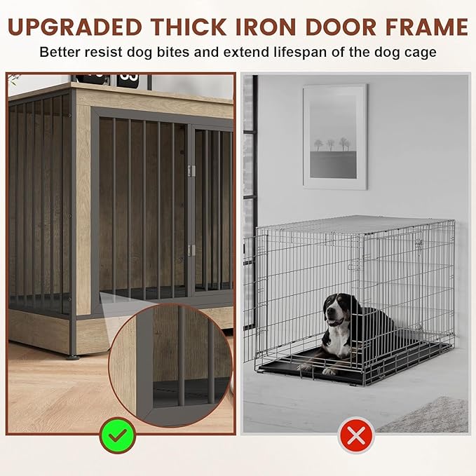 75 Inch Double Dog Crate Furniture, 3 in 1 Dog Cage for Large Dogs, Durable Grey TV Stand Dog Crate with Trays and Divider, Double Dog Kennel for 2 Dogs