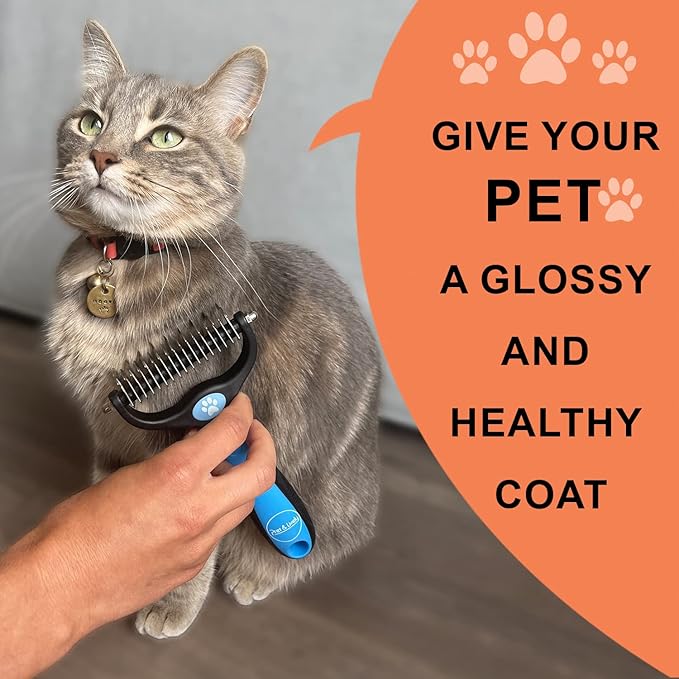 Pret & Lively 2 in 1 Pet Hair Dematting Tool, Tough Mats and Tangles, Undercoat Rake Comb, Dogs, Cats, Rabbits, Hairy Pets, Holiday Gift, Professional Grooming Brush For Deshedding, Extra Wide (Blue)
