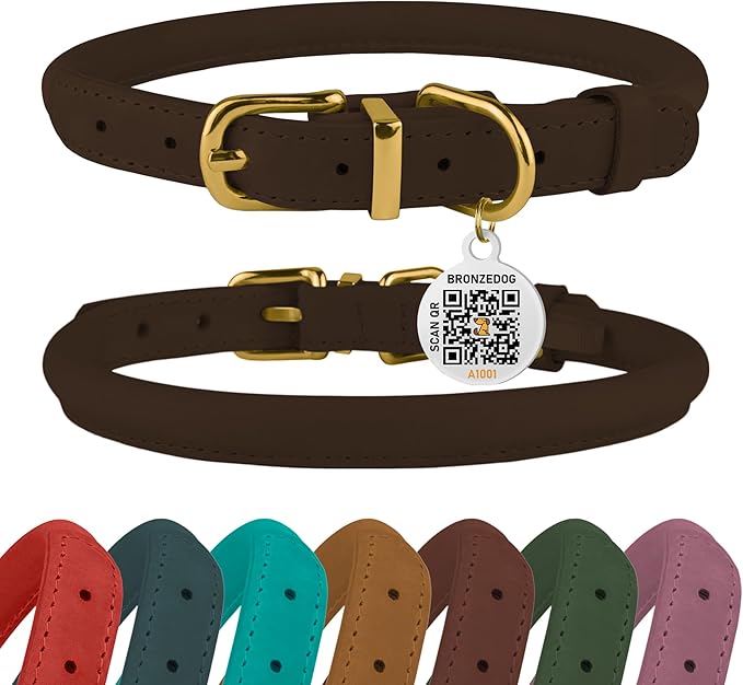 BRONZEDOG Rolled Leather Dog Collar with QR ID Tag Adjustable Soft Round Collars for Small Medium Large Dogs Puppy Cat (7" - 10" Neck Size, Brown)