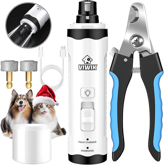 VIWIK Dog Nail Grinder with Dog Nail Trimmers, Dog Nail Clippers Kit for Large Medium Small Dogs & Cats, Quiet Electric 2-Speed USB Rechargeable Pet Nail Grinder with Light, Gifts for Dog Lovers