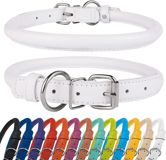 CollarDirect Rolled Leather Dog Collar, Soft Padded Round Puppy Collar, Handmade Genuine Leather Collar Dog Small Large Cat Collars 13 Colors (20-23 Inch, White Textured)