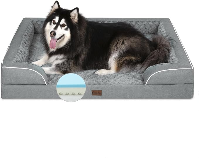 Memory Foam XXL Dog Bed with Bolsters, Cooling Dog Beds for Extra Large Dogs, Waterproof Orthopedic Dog Couch Bed with Removable Washable Cover and Nonskid Bottom(XX-Large,Grey)