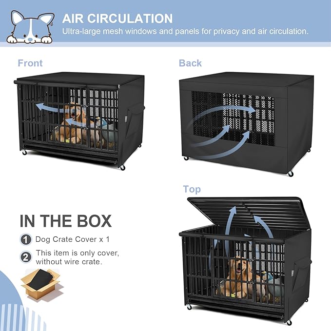 Explore Land 42 inches Dog Crate Cover with Top Panel Non-Toxic Inodorous Polyester Friendly for Dogs (Black)