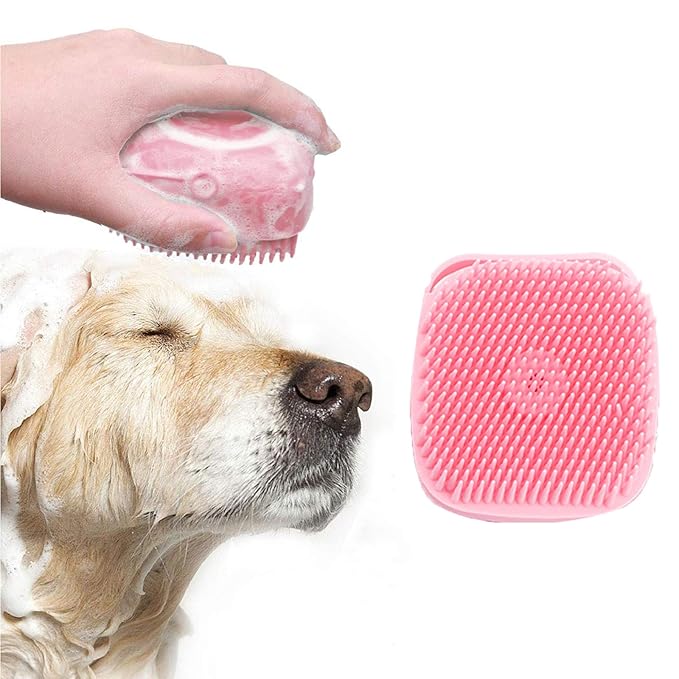 Dog Cat Bath Brush, Silicone Massage Brush with Shampoo Dispenser, for Short Haired Dogs Cats Shower