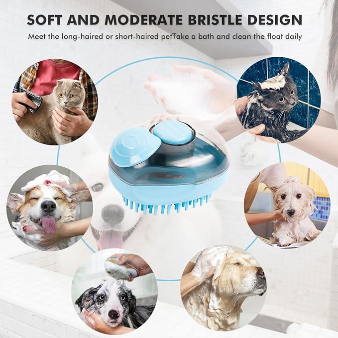 Pet Bath Scrubber with Shampoo Dispenser – Washing & Grooming Tool for Cats and Dogs, Removes Loose Fur for Long/Short Hair (Blue)