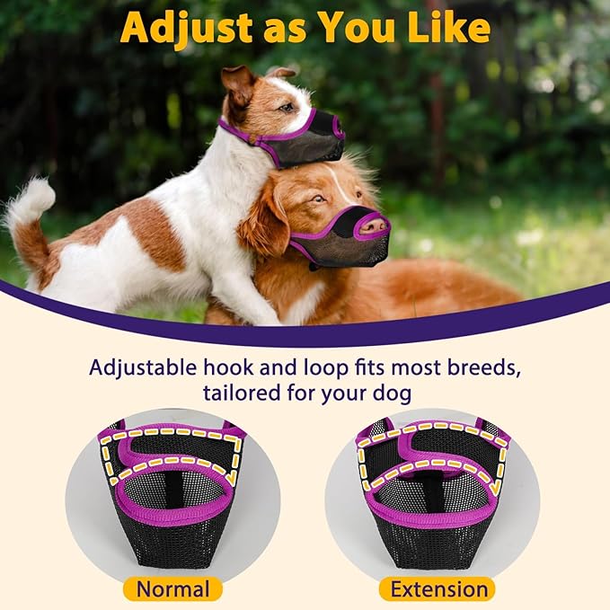 LUCKYPAW Dog Muzzle, Mesh Muzzle for Large Medium Small Dogs with Front Opening Design, Dog Mouth Cover to Prevent Biting, Licking, Chewing, Scavenging, Allows Drinking (L-Snout:9¾-11", Purple)