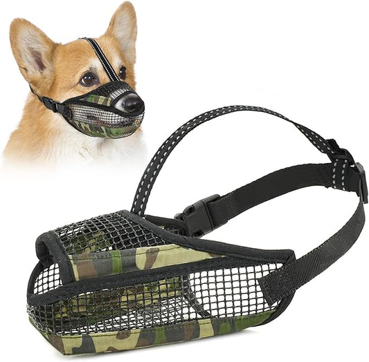 Dog Muzzle for Large Medium Small Dogs, Soft Mesh Muzzle for Dogs with Reflective Adjustable Strap, Prevent Biting Chewing and Licking, Dog Nose Open Design for Reduction Friction (Camo, XS)